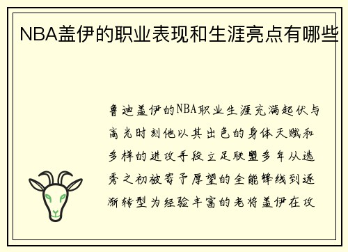 NBA盖伊的职业表现和生涯亮点有哪些